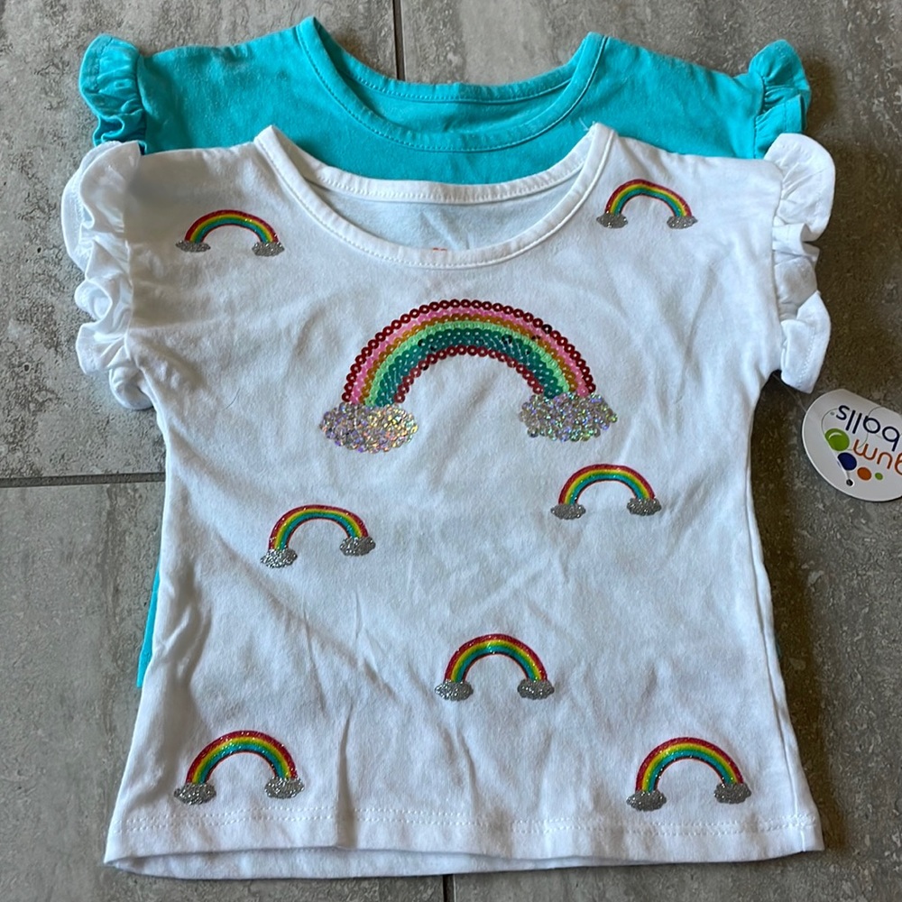 Gumballs 2 pc GIRLS TOP continuous sleeves with ruffles,rainbows infront(white)